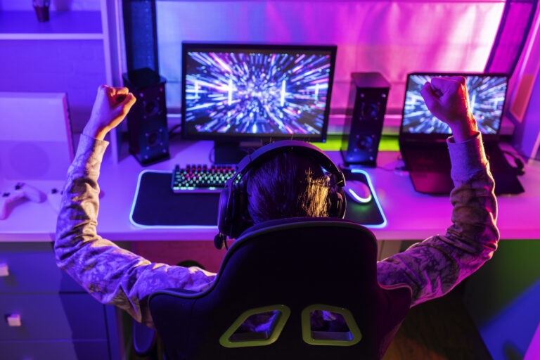 high angle gamer playing indoors